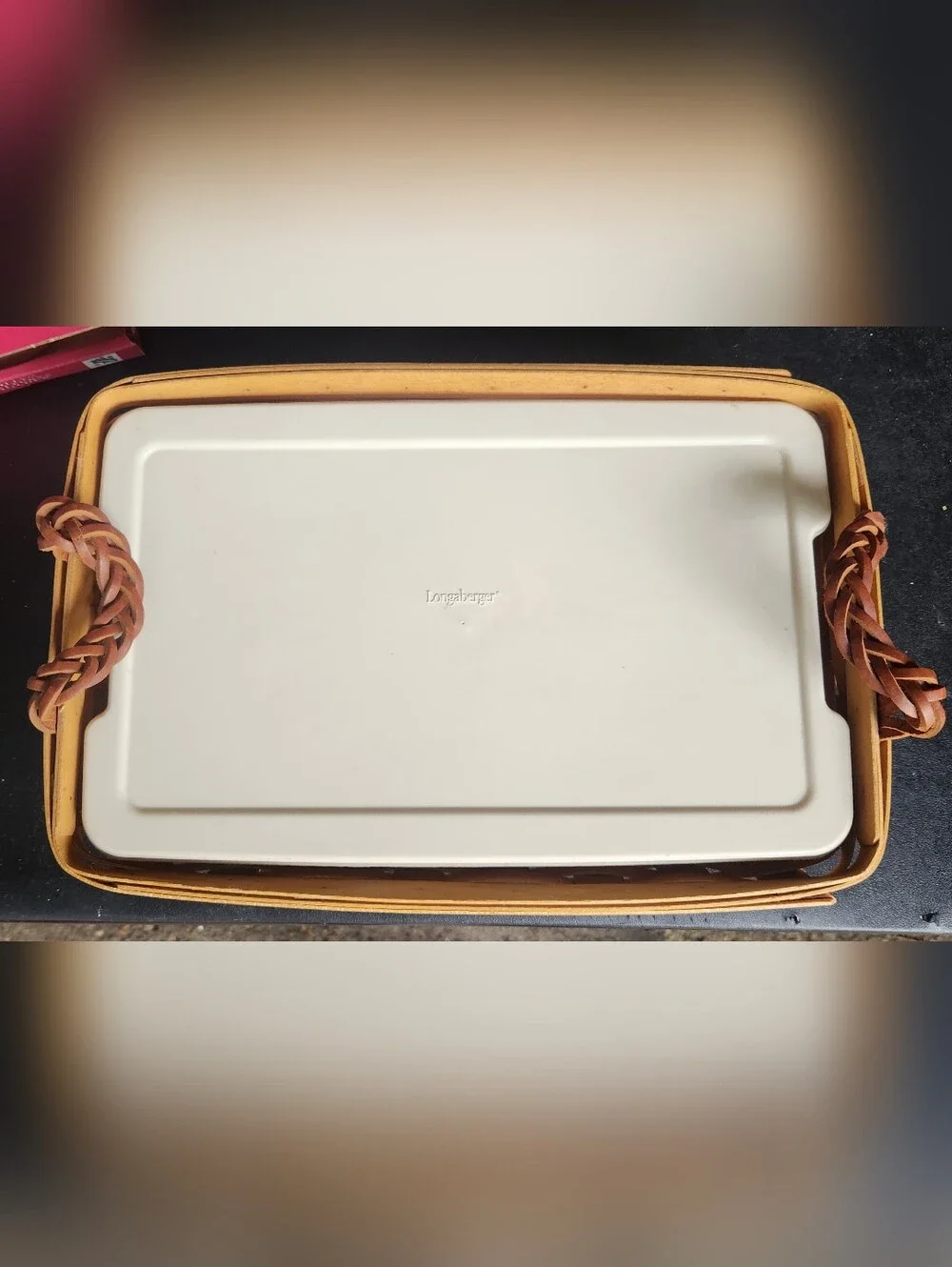 Longaberger Serving Basket w/ Leather Handles & Protector